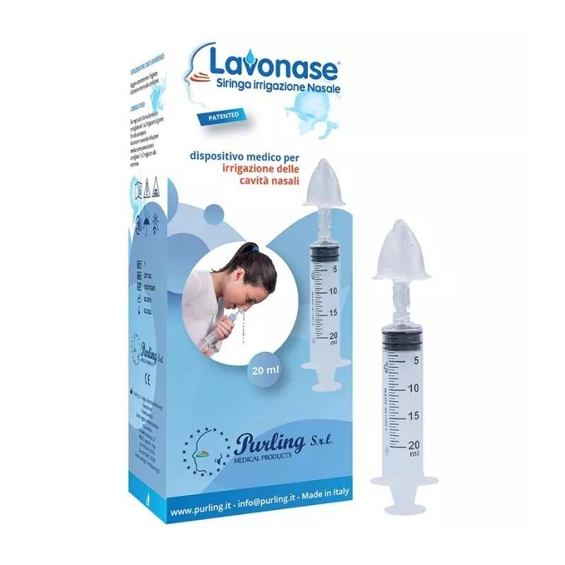 Purling Lavonase Irrigazione Nasale Non Sterile Siringa 20 Ml + Luer-lock Con Cappuccio + Ugello Nasale Con Raccordo Luer-lock +