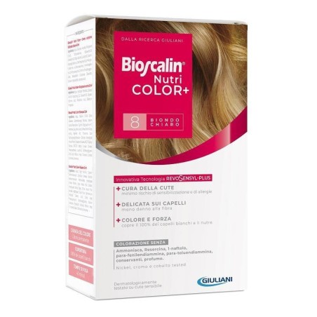 Giuliani Bioscalin Nutricolor Plus 8 Biondo Chiaro Crema Colorante 40 Ml + Rivelatore Crema 60 Ml + Shampoo 12 Ml + Trattamento 