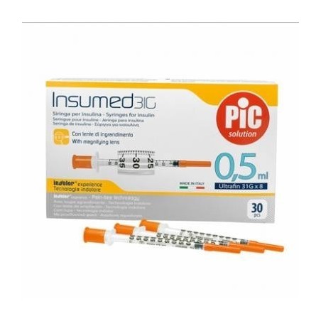 Pikdare Siringa Per Insulina Pic Insumed 0,5 Ml 100 Ui Ago Gauge 31 Lunghezza 8 Mm Senza Spazio Morto 3 Sacchetti Da 10 Pezzi