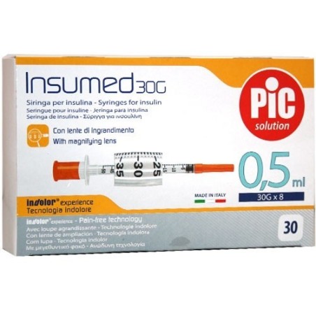 Pikdare Siringa Per Insulina Pic Insumed 0,5 Ml 100 Ui Ago Gauge 30 Lunghezza 8 Mm Senza Spazio Morto 3 Sacchetti Da 10 Pezzi