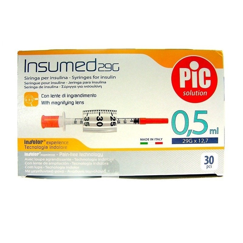 Pikdare Siringa Per Insulina Pic Insumed 0,5 Ml 100 Ui Ago Gauge 29 Lunghezza 12,7 Mm Senza Spazio Morto 3 Sacchetti Da 10 Pezzi