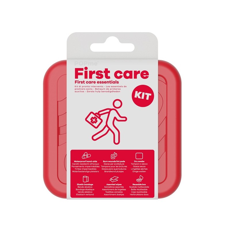 L10 Popme First Care Kit 12 Cerotti + 4 Salviettine Pulizia Pelle + 2 Tamponi A Secco + 1 Benda Elastica + 2 Garze Scottature