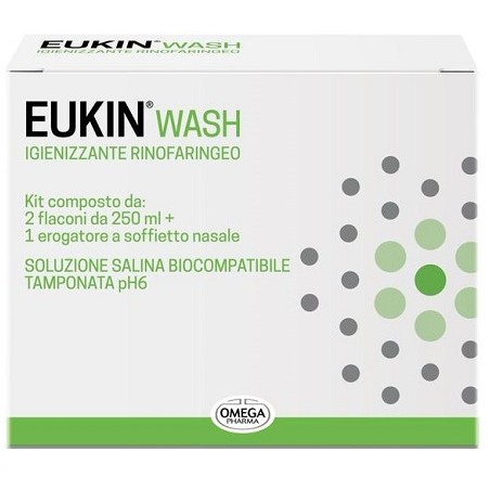 Omega Pharma Eukin Wash Igienizzante Rinofaringeo Kit 2 Flaconi Da 250 Ml + Erogatore A Soffietto Nasale