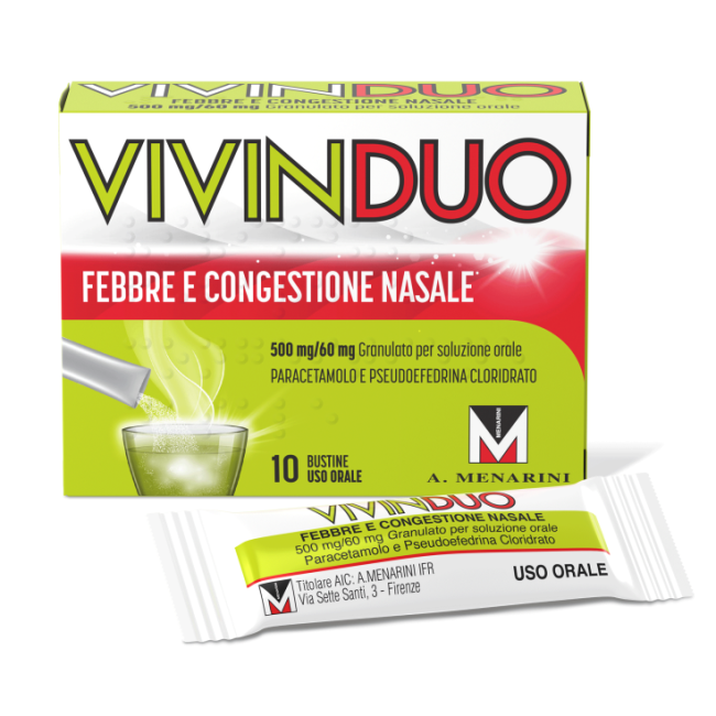 Vivinduo Febbre e Congestione nasale 500 mg/60 mg Farmaco antipiretico, antidolorifico e decongestionante nasale 10 bustine