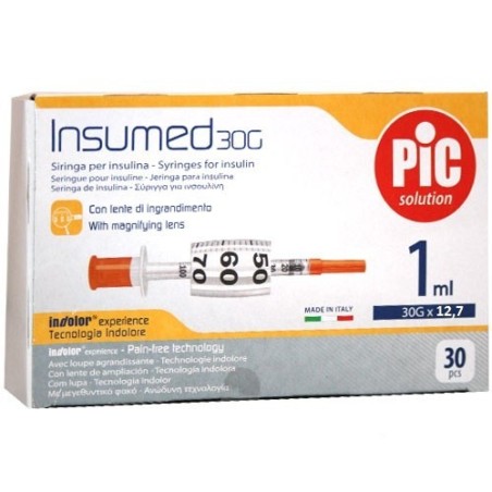 Pikdare Siringa Insulina Pic Insumed 1 Ml 100 Ui Ago Gauge 30 12,7 Mm Senza Spazio Morto 30 Pezzi